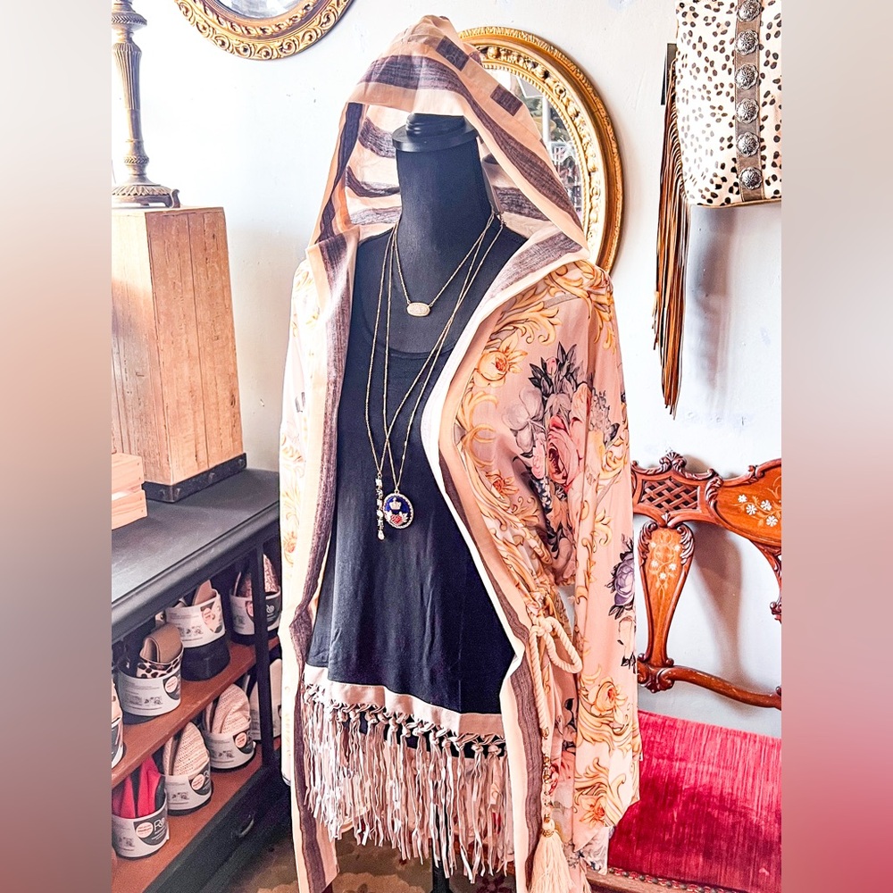 Mid length hooded tie waist kimono / robe